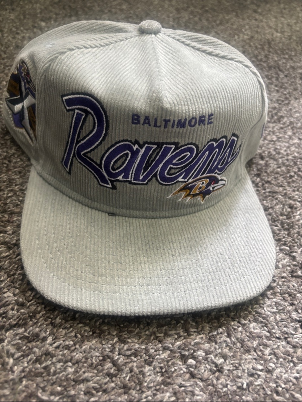Urban New Era Baltimore Ravens Light Gray Corduroy Snapback Hat with Embroidered